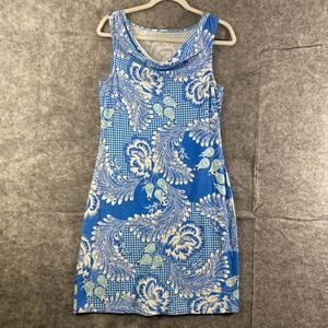 Title Nine Dress Small Blue Floral Printed Cowl Neck Performance Mini